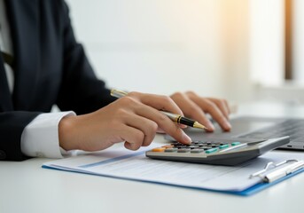 Poster - Businesswoman working with financial documents using calculator and laptop, analyzing sales data and economic growth graph chart