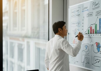 Poster - Young professional drawing various colorful charts and graphs on a whiteboard, illustrating business progress and strategic planning