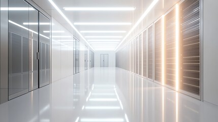Poster - A long, white hallway lined with servers in a data center.