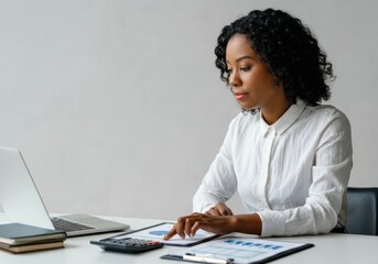 Poster - Young professional analyzing financial data, using calculator and laptop in modern office