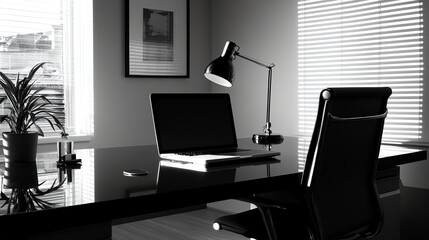 Poster - A black and white photo of a minimalist home office desk with a laptop, lamp, and plants.