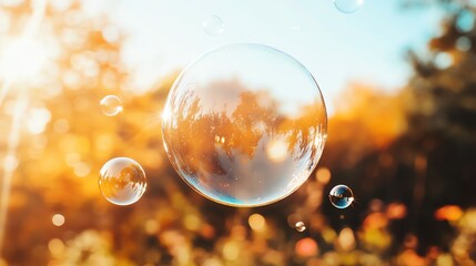 Poster - A large soap bubble floats in the air, reflecting the sun and trees.