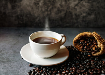 Wall Mural - Americano coffee cup and roasted coffee beans falling in a burlap sackon gray background, Black coffee cup aromatic