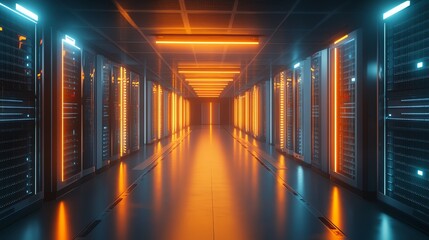 Poster - A long, narrow hallway lined with servers, glowing in a blue and orange light.