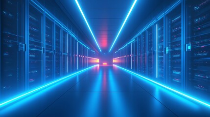 Poster - A long, narrow hallway lined with servers, glowing in a blue and orange light.