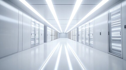 Poster - A long, white hallway lined with servers in a data center.