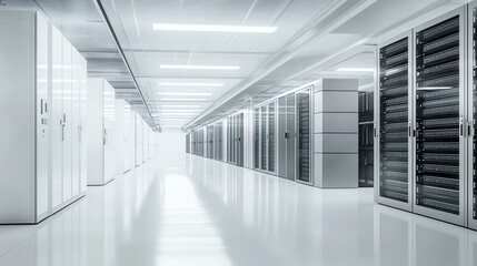Poster - A long hallway in a server room with rows of computer servers.