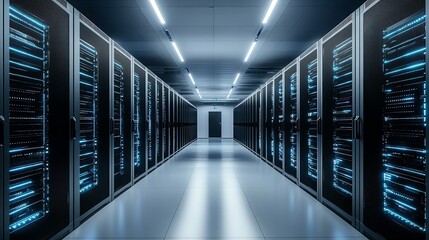 Poster - A long hallway in a server room with rows of computer servers.