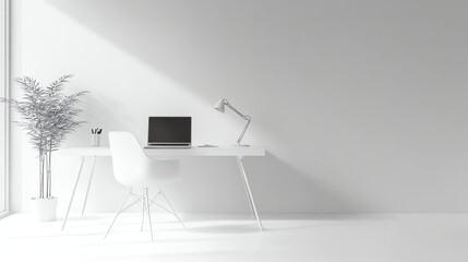 Poster - A modern office interior with a desk, chair, laptop, plant, and desk lamp.