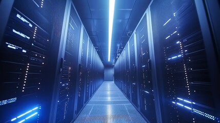 Poster - A long hallway in a server room with rows of computer servers.