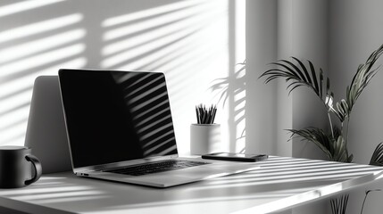 Poster - A minimalist home office with a laptop on a desk, a plant, lamp, a framed picture, and books.