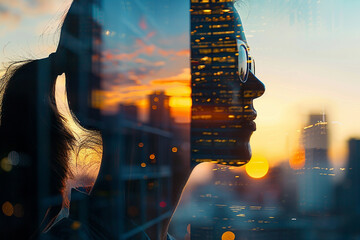 Poster - a double exposure illustration of a specialist worker against a background of urban lights generativ