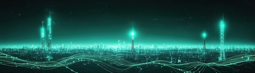 Poster - Futuristic cityscape illuminated by neon lights digital art urban environment panoramic view technology concept