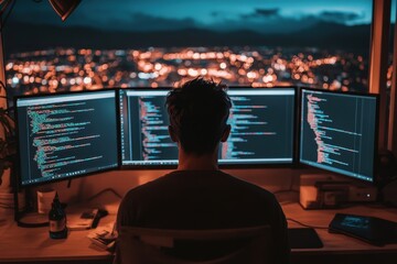 Fototapete - Focused programmer working late at night with multiple monitors in a cityscape