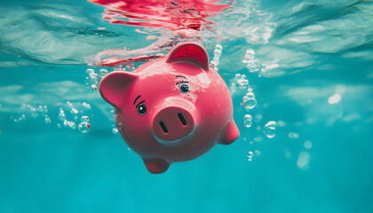 A pink piggy bank sinks beneath the surface of turquoise water, bubbles rising around it; symbolizing financial loss or debt.