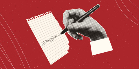 Aufkleber - Hand writes a letter to Santa on a sheet of notebook. Merry Christmas and Happy New Year. Trendy halftone collage for posters, banners, cards.