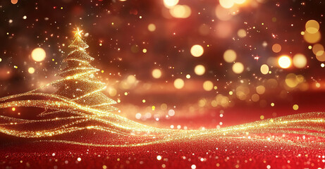Aufkleber - Abstract Christmas tree made of golden, glowing particles on a red background 