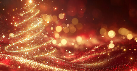 Aufkleber - Abstract Christmas tree made of golden, glowing particles on a red background 