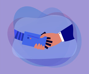 Poster - Businessman holding robot hand for handshake. Partnership and trust between person and android flat vector illustration. Technology, teamwork concept for banner, website design or landing web page