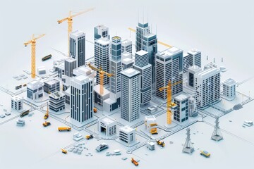 Poster - Digital construction process of a smart city infrastructure .A vibrant 3D cityscape showcasing construction cranes actively working amidst modern buildings and urban infrastructure.