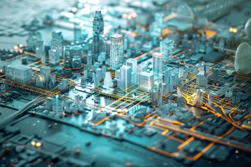 Poster - A bustling city filled with towering buildings and bright lights, capturing the essence of urban energy. Digital construction process of a smart city infrastructure .