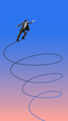 © master1305 - Businessman balancing on spiral line against gradient background, symbolizing ambition and navigating challenges. Contemporary art collage. Concept of business, innovation, progress