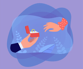 Poster - hand of boyfriend holding red box with classic engagement ring. wedding day or ceremony flat vector 