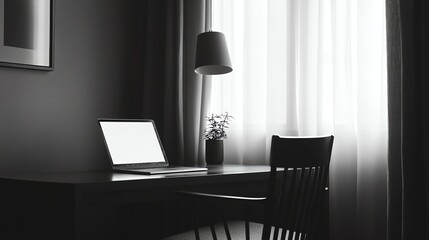 Poster - A laptop computer and chair sit at a desk in a minimalist office.