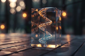 Poster - a transparent glass cube showcasing a dna strand within, representing the intricate structure of gen