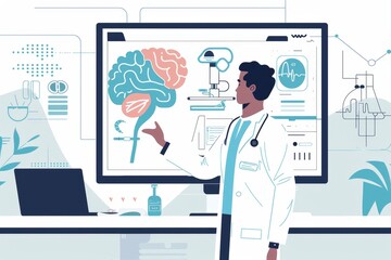 Poster - a doctor stands before a computer screen displaying a detailed brain diagram, engaged in analysis or