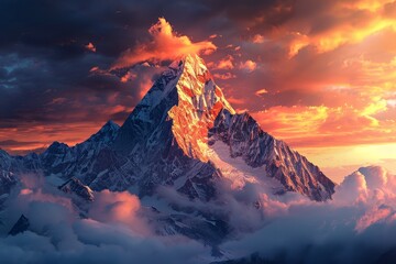 Wall Mural - a stunning sunset casts warm hues over a mountain, partially obscured by fluffy clouds in the sky. d