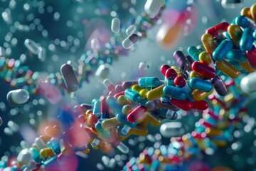 Poster - educational representation of biotech in medicine ,a cluster of colorful pills suspended in mid-air,