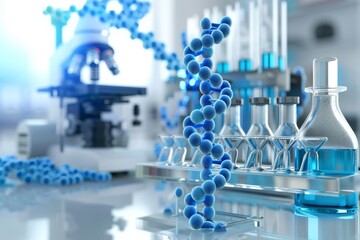 Poster - educational representation of biotech in medicine ,a well-organized laboratory displaying various bl