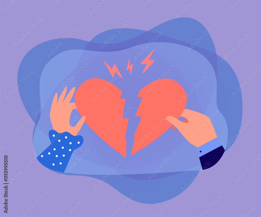 Hand of man and woman holding half of broken heart together. Divorce ...