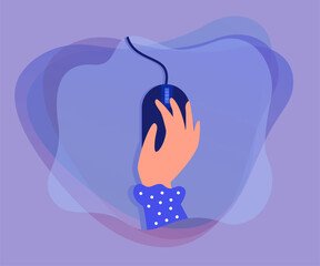 Poster - Hand of woman holding computer mouse. Person clicking button with finger, using PC equipment, top view flat vector illustration. Technology concept for banner, website design or landing web page