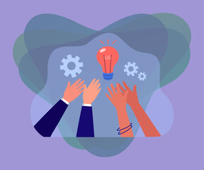 Poster - hands of people reaching for bright light bulb at top. analysis, clever think and ideas by persons f