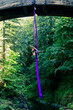 © Connect Images - Aerial performer showcasing an elegant pose on a purple silk suspended from a bridge amidst a lush forest setting, USA