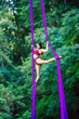 © Connect Images - Aerial silks performer executing a pose in mid-air with vibrant purple silk fabric in a lush green outdoor setting, USA