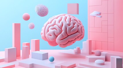 Poster - A 3D model of a brain floats in a pink and blue geometric space.
