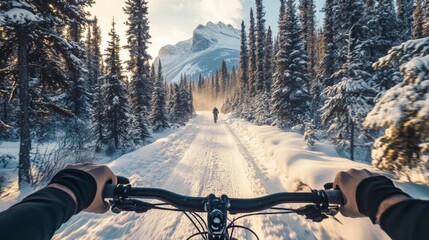 Aufkleber - Riding a bike along a snow-covered trail, surrounded by tall evergreen trees and mountain peaks. The sunlight casts a warm glow, creating a magical winter atmosphere for outdoor adventure.