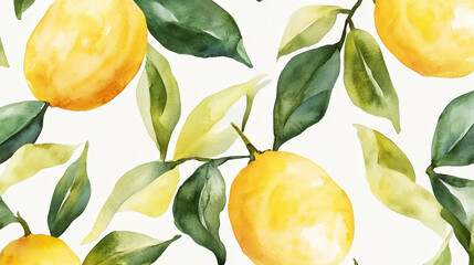 Wall Mural - Hand drawn watercolor painting of lemons with green leaves. Aesthetic watercolor wallpaper print. Generative AI