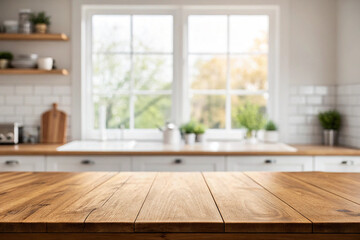 Empty wood table top on blur kitchen window background. For product or foods montage.