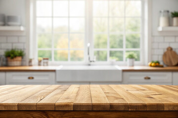 Empty wood table top on blur kitchen window background. For product or foods montage.