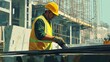 © Jayk - A construction worker wearing a yellow hard hat and safety vest is working on a building site