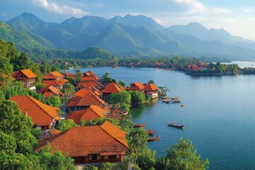 Wall Mural - Idyllic Village by Tranquil Lake with Lush Greenery and Majestic Mountains