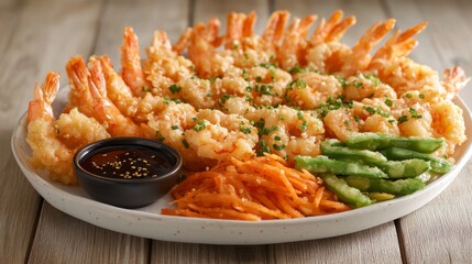 Wall Mural - Crispy Shrimp Platter with Sauces and Fresh Vegetables on Table