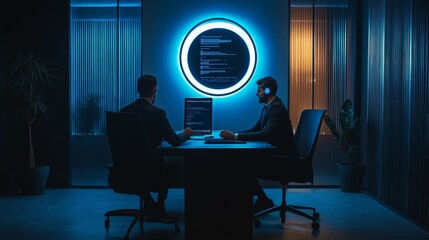 Poster - Two professionals collaborate in a modern office with glowing screens and plants.