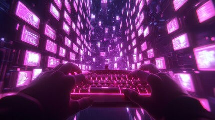 Aufkleber - A futuristic scene depicting hands typing on a keyboard amidst glowing digital data streams.