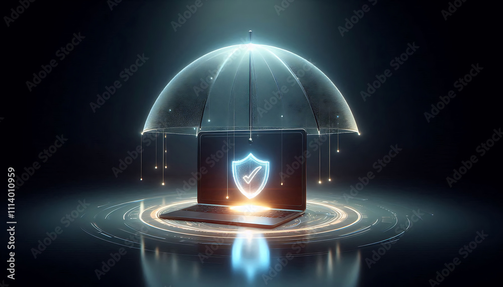 Cybersecurity visualized laptop under online protection umbrella Stock ...