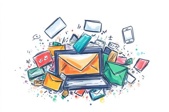 hand drawn colorful envelopes, Text Notifications, sketch illustration on white background, 